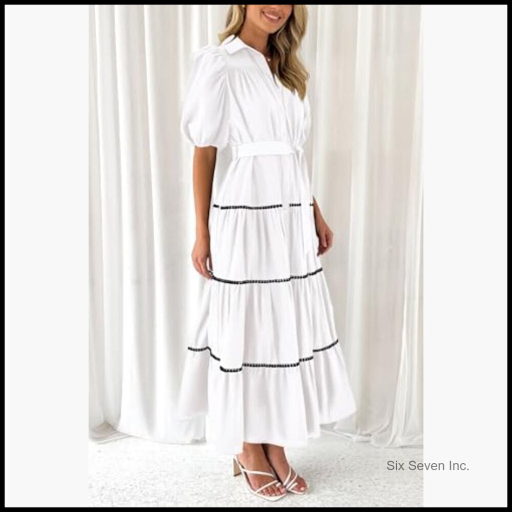 Viscose Polyester Polyamide Maxi Dress with Puffy Sleeves and Pockets - Picture 6 of 7